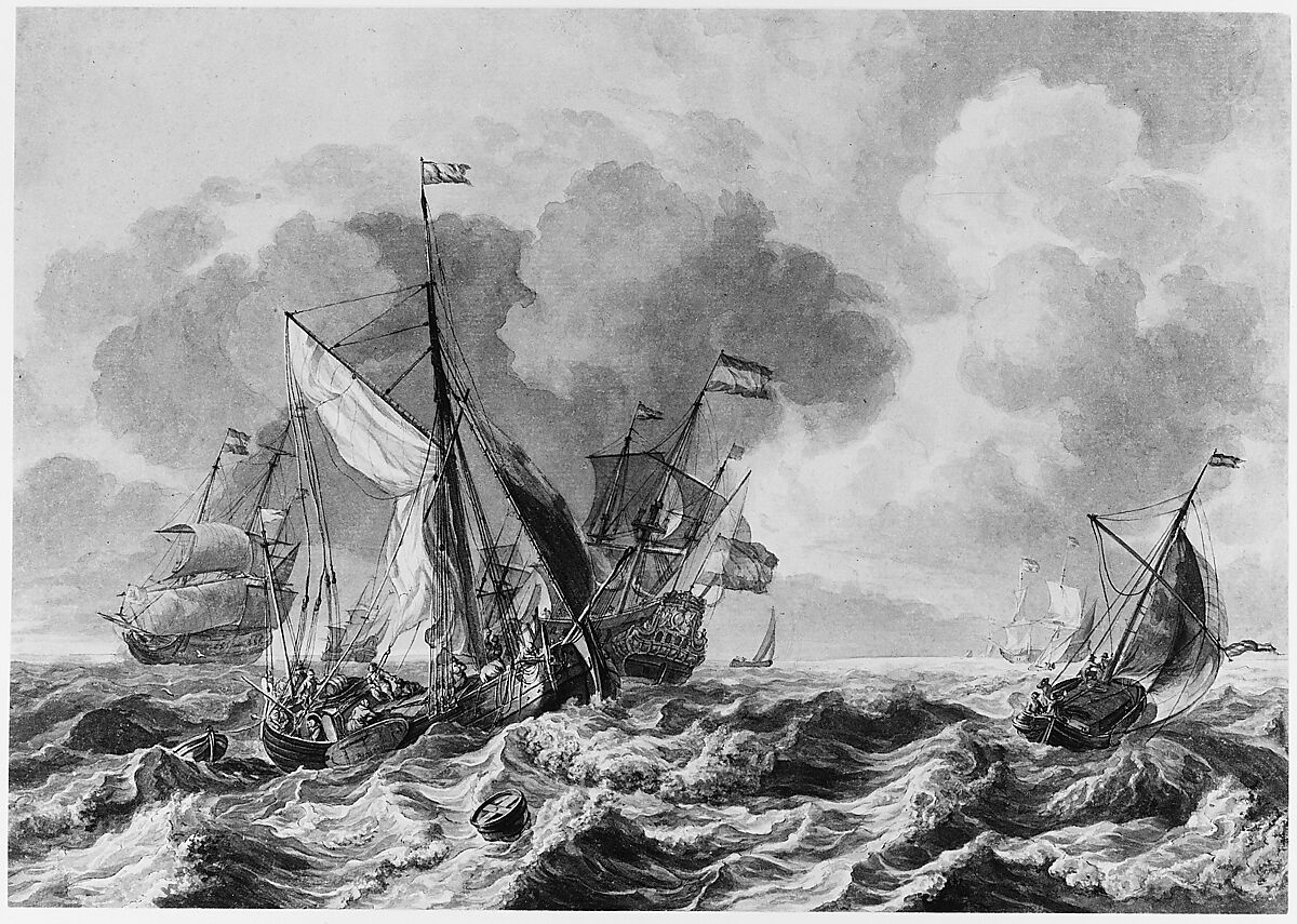 Ships in a Stormy Sea, Circle of Ludolf Backhuysen (Dutch, Emden 1630–1708 Amsterdam), Pen and brown ink, with gray wash, over black chalk