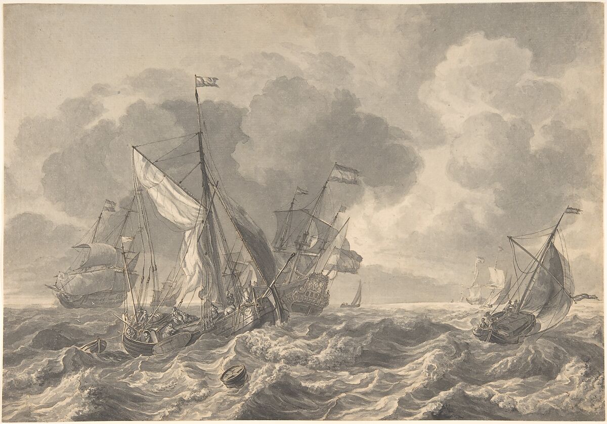 Ships in a Stormy Sea, Circle of Ludolf Backhuysen (Dutch, Emden 1630–1708 Amsterdam), Pen and brown ink, with gray wash, over black chalk 