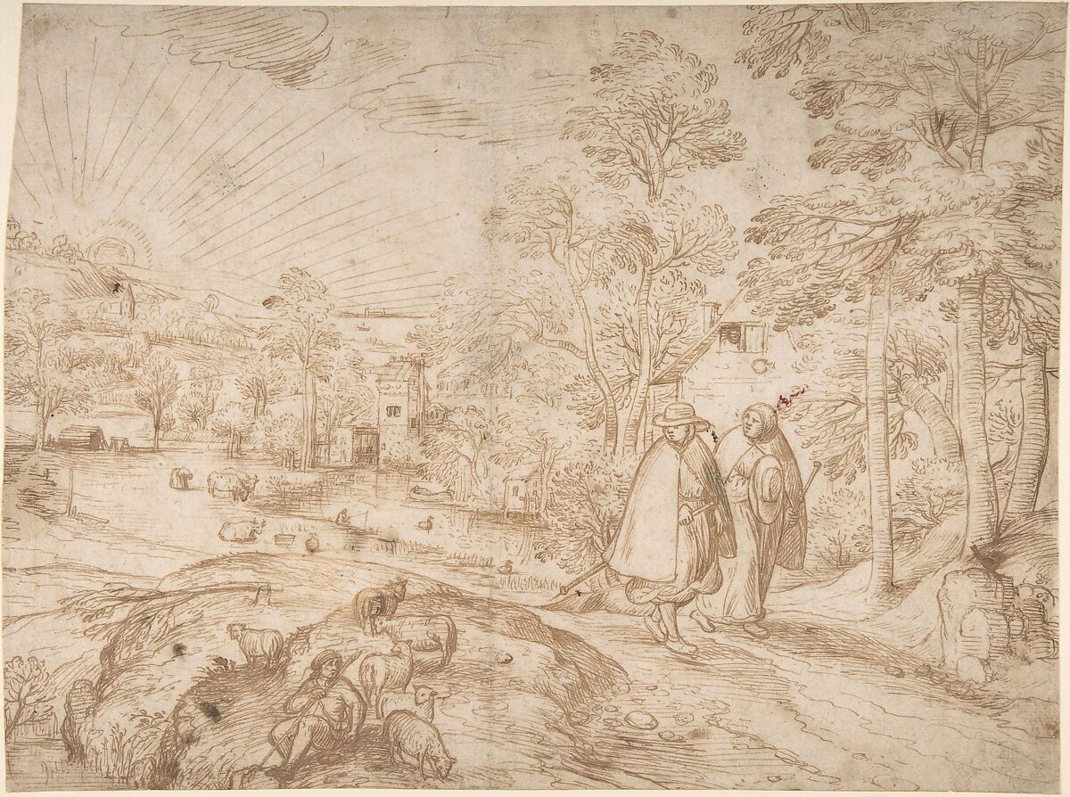 Landscape with Two Pilgrims Walking Along a Road, Attributed to Pieter Balten (Netherlandish, Antwerp 1526/27–1584 Antwerp), Pen and brown ink 