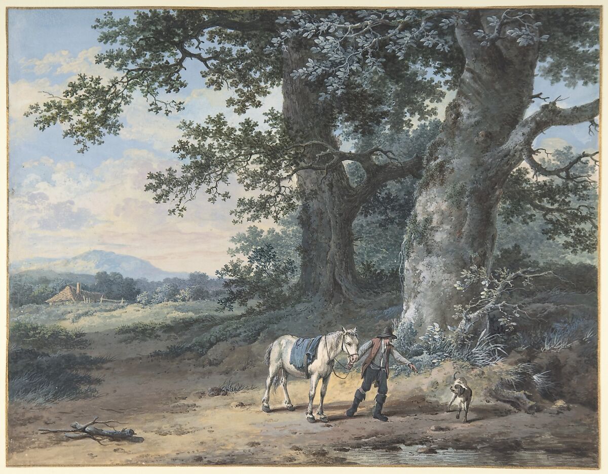 A Peasant Leading his Horse on the Outskirts of a Wood, Pieter Barbiers II (Dutch, Amsterdam 1749–1842 Amsterdam), Gouache, over traces of graphite; framing line in gold 