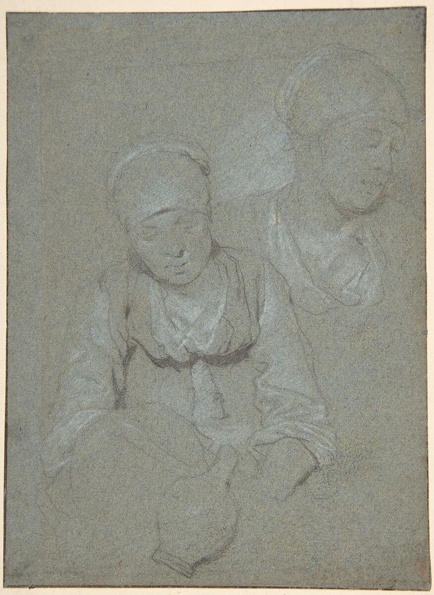 Woman Holding a Jug and a Study of her Head Seen from the Left, Cornelis Bega (Dutch, Haarlem 1631 or 1632–1664 Haarlem), Black chalk, heightened with white on blue paper 