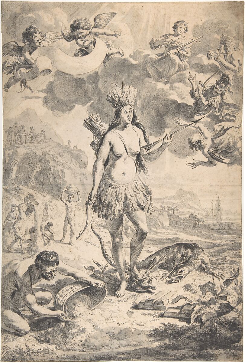 Allegory of America, Nicolaes Berchem (Dutch, Haarlem 1621/22–1683 Amsterdam), Black chalk, brush, black ink, gray wash. Incised for transfer. 