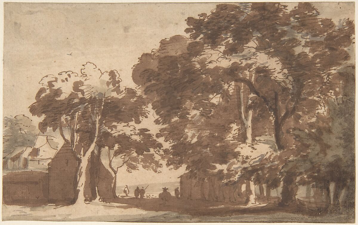 View of Buildings and Linden Trees in Rijswijk, Jan de Bisschop (Dutch, Amsterdam 1628–1671 The Hague), Pen and brown ink, brush and brown wash, gray wash, possibly added by a later hand; framing lines in pen and brown ink 