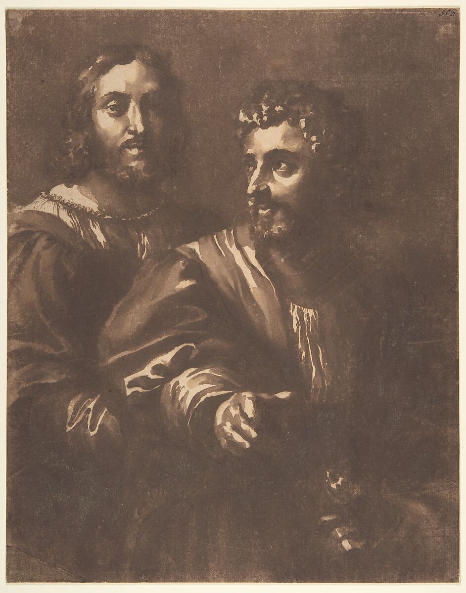 Portrait of Two Men (after Raphael), Jan de Bisschop (Dutch, Amsterdam 1628–1671 The Hague), Brush and brown wash, over black chalk 