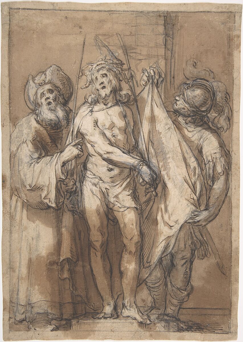 Ecce Homo, Abraham Bloemaert (Netherlandish, Gorinchem 1566–1651 Utrecht), Pen and brown ink, brown wash, over black chalk, heightened with white gouache 