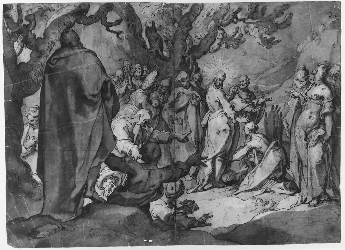 Christ and the Canaanite Women, Abraham Bloemaert (Netherlandish, Gorinchem 1566–1651 Utrecht), Pen and brown ink, brush and brown wash, heightening with white, over black chalk; traces of framing lines in pen and brown ink