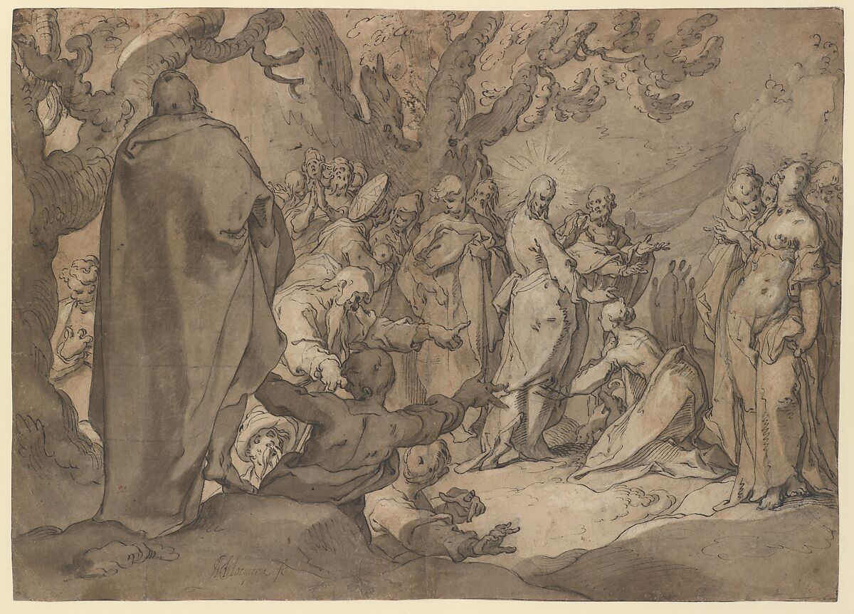 Christ and the Canaanite Women, Abraham Bloemaert (Netherlandish, Gorinchem 1566–1651 Utrecht), Pen and brown ink, brown wash, heightening with white, over black chalk, on beige paper; traces of framing line in pen and brown ink 