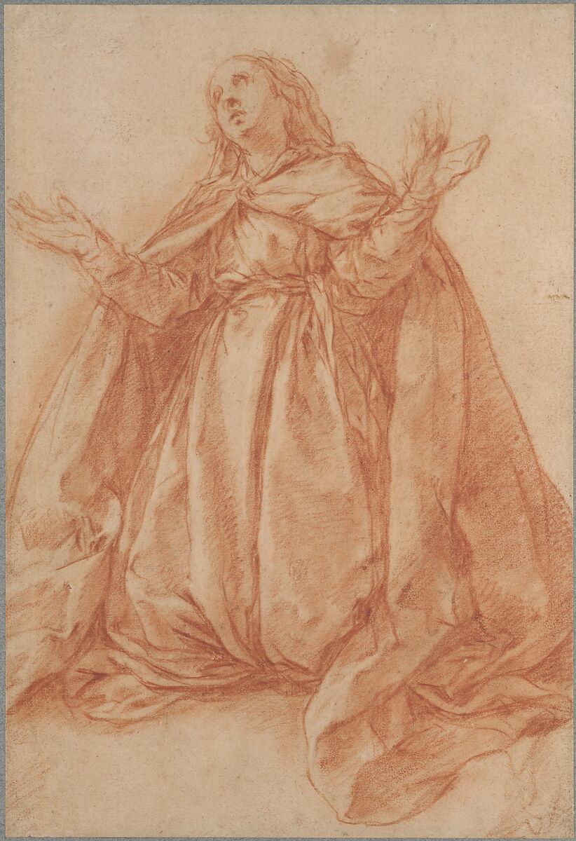 Kneeling Female Figure with Upraised Arms, Abraham Bloemaert (Netherlandish, Gorinchem 1566–1651 Utrecht), Red chalk, heightened with white chalk