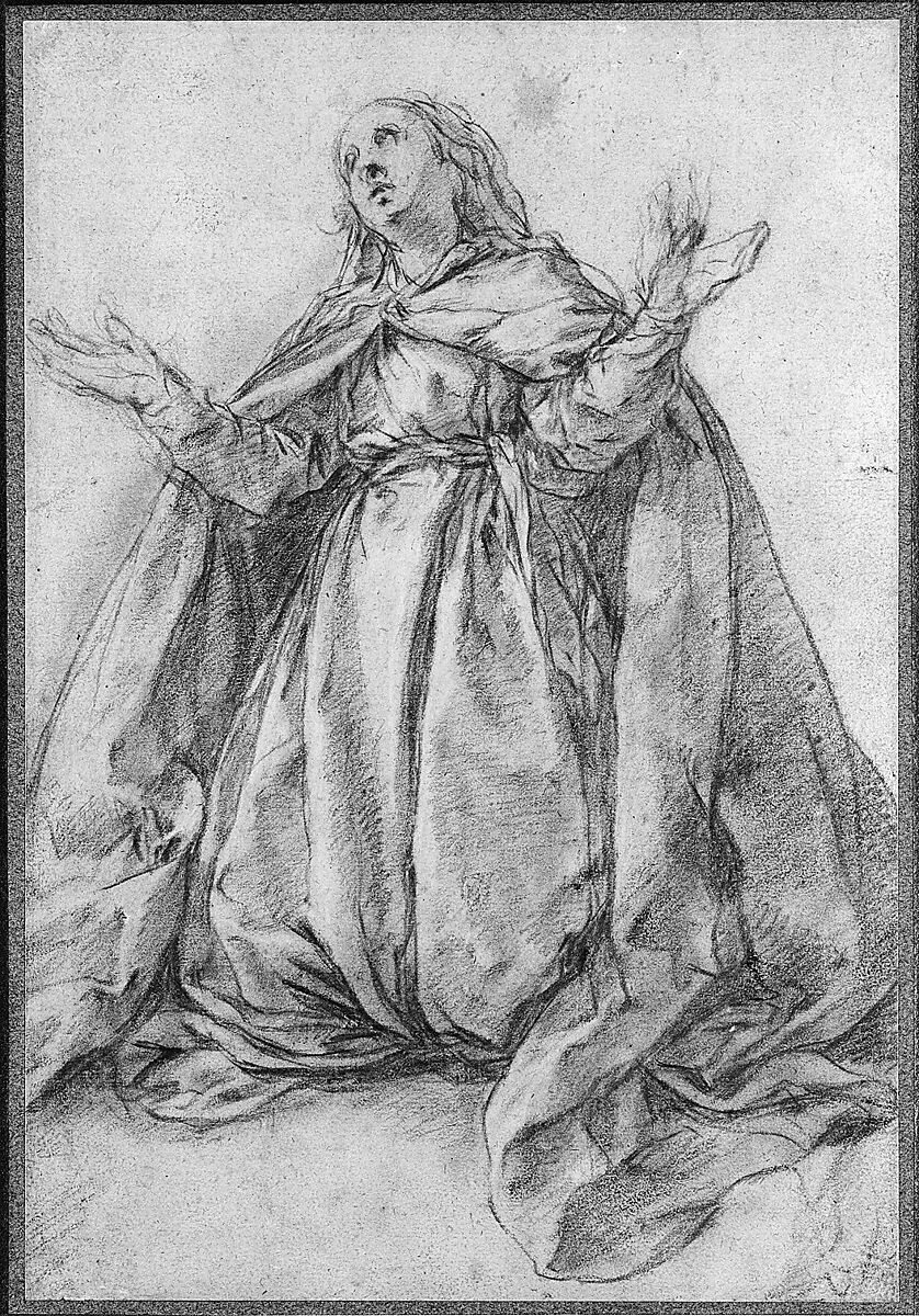 Kneeling Female Figure with Upraised Arms, Abraham Bloemaert (Netherlandish, Gorinchem 1566–1651 Utrecht), Red chalk, heightened with white chalk