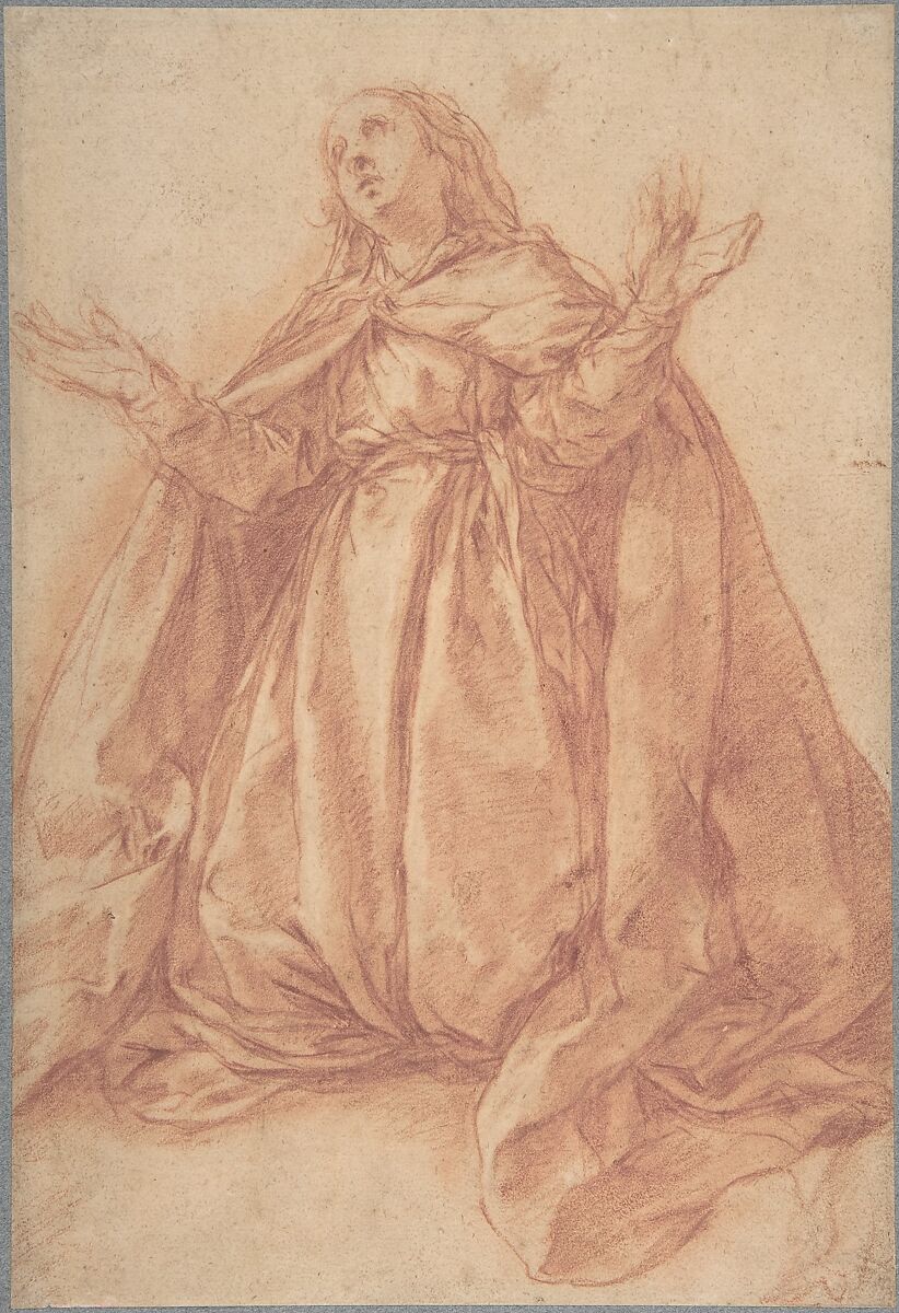 Kneeling Female Figure with Upraised Arms, Abraham Bloemaert (Netherlandish, Gorinchem 1566–1651 Utrecht), Red chalk, heightened with white chalk 
