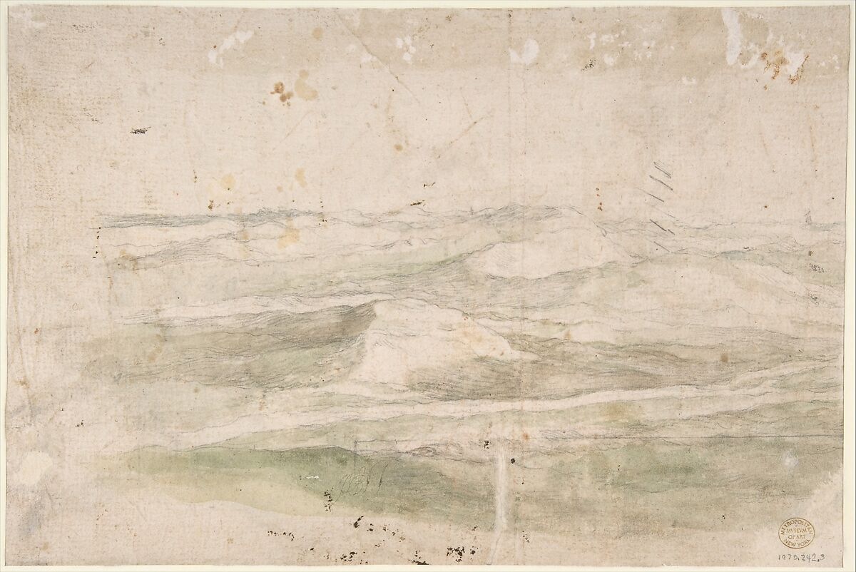 Studies of Two Pollard Willows; Verso: Wide Landscape Prospect, Abraham Bloemaert (Netherlandish, Gorinchem 1566–1651 Utrecht), Pen and brown ink, watercolor, traces of black chalk (recto); black chalk and watercolor (verso); framing lines in pen and brown ink