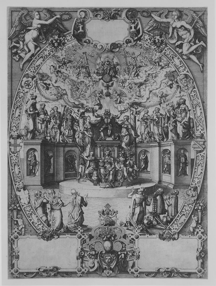 The Apotheosis of Emperor Maximilian II, Jost Amman (Swiss, Zurich before 1539–1591 Nuremberg), Etching on two sheets; proof state
