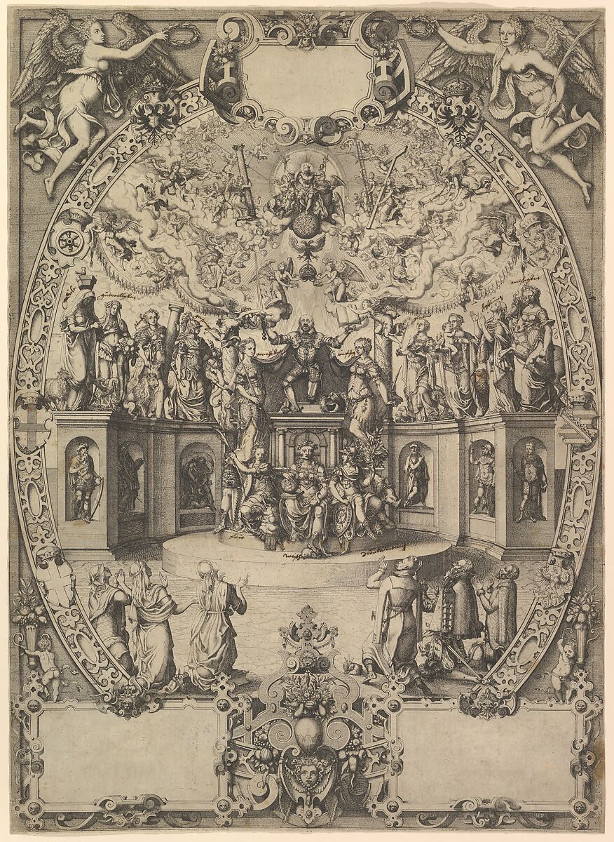 The Apotheosis of Emperor Maximilian II, Jost Amman (Swiss, Zurich before 1539–1591 Nuremberg), Etching on two sheets; proof state 