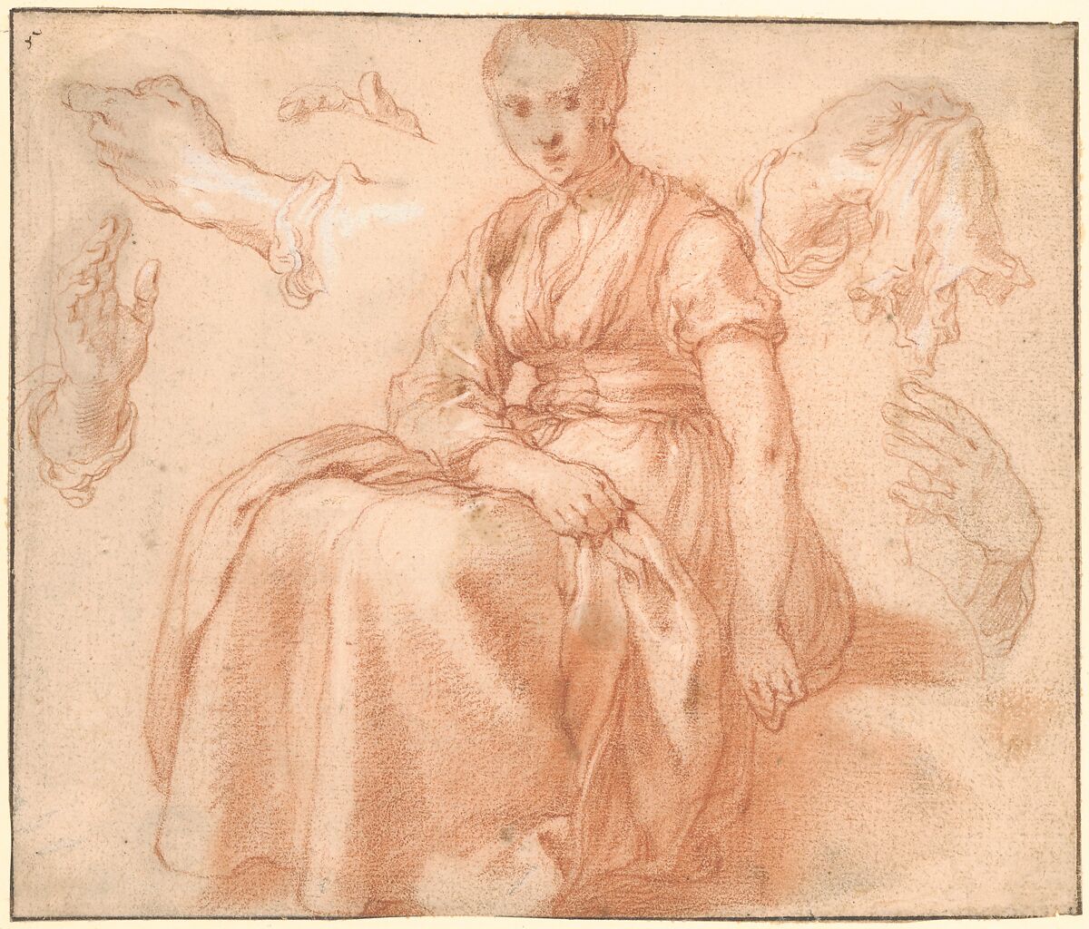 Study of a Seated Woman and Five Studies of Hands; Verso: Landscape with a Road and a Tree to the Right, Abraham Bloemaert (Netherlandish, Gorinchem 1566–1651 Utrecht), Red chalk heightened with white, framing line in pen and brown ink; verso: black chalk
