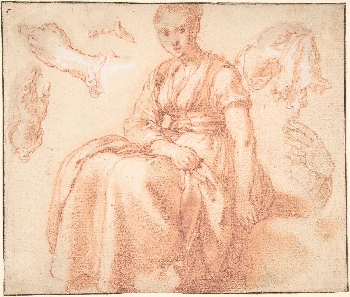 Study of a Seated Woman and Five Studies of Hands; Verso: Landscape with a Road and a Tree to the Right, Abraham Bloemaert (Netherlandish, Gorinchem 1566–1651 Utrecht), Red chalk heightened with white, framing line in pen and brown ink; verso: black chalk 