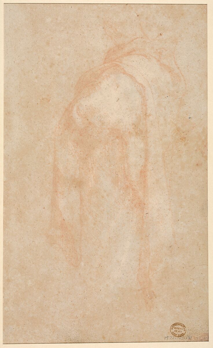 Study of a Headless Draped Figure with Arms Crossed; verso: Figure of a Man in a Voluminous robe, Seen from Behind, Attributed to Abraham Bloemaert (Netherlandish, Gorinchem 1566–1651 Utrecht), Red chalk heightened with white, framing line in pen and brown ink; verso: red and white chalk