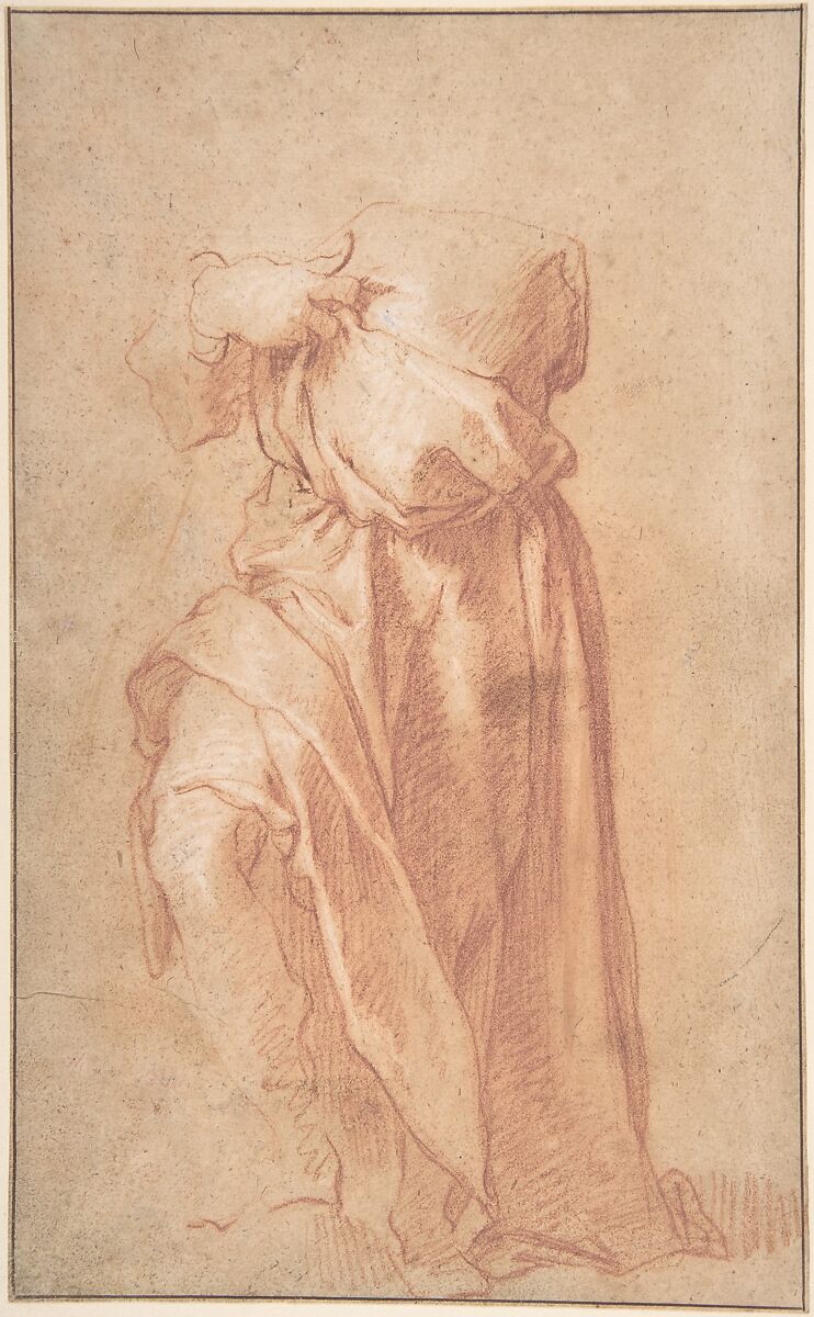 Study of a Headless Draped Figure with Arms Crossed; verso: Figure of a Man in a Voluminous robe, Seen from Behind, Attributed to Abraham Bloemaert (Netherlandish, Gorinchem 1566–1651 Utrecht), Red chalk heightened with white, framing line in pen and brown ink; verso: red and white chalk 