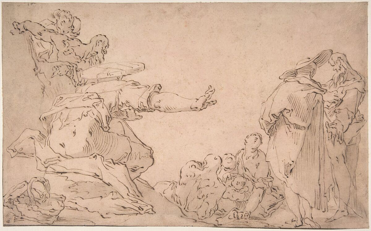 Saint John Preaching in the Wilderness, After Abraham Bloemaert (Netherlandish, Gorinchem 1566–1651 Utrecht), Pen and brown ink, light brown wash on brown washed paper with pink tones; traces of framing line in pen and brown ink 