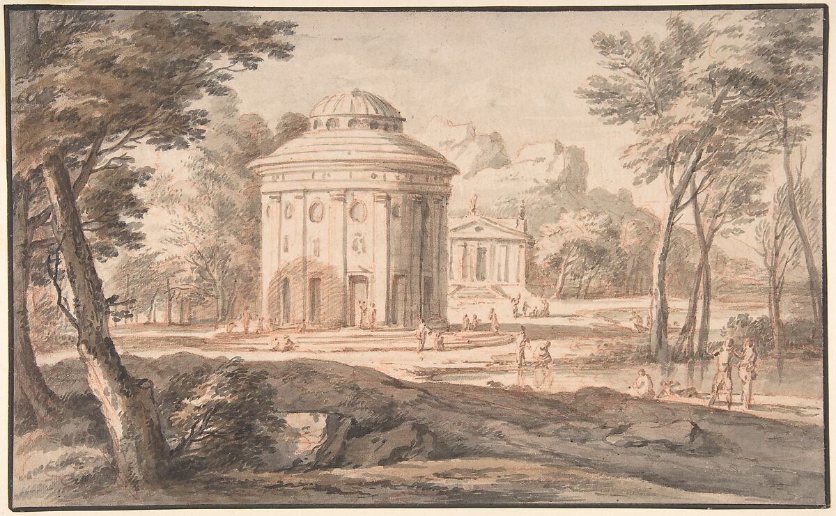 Landscape with Two Classical Temples and Figures, Attributed to Jan Frans van Bloemen (Flemish, Antwerp 1662–1749 Rome), Brush and gray and brown wash, over red chalk 