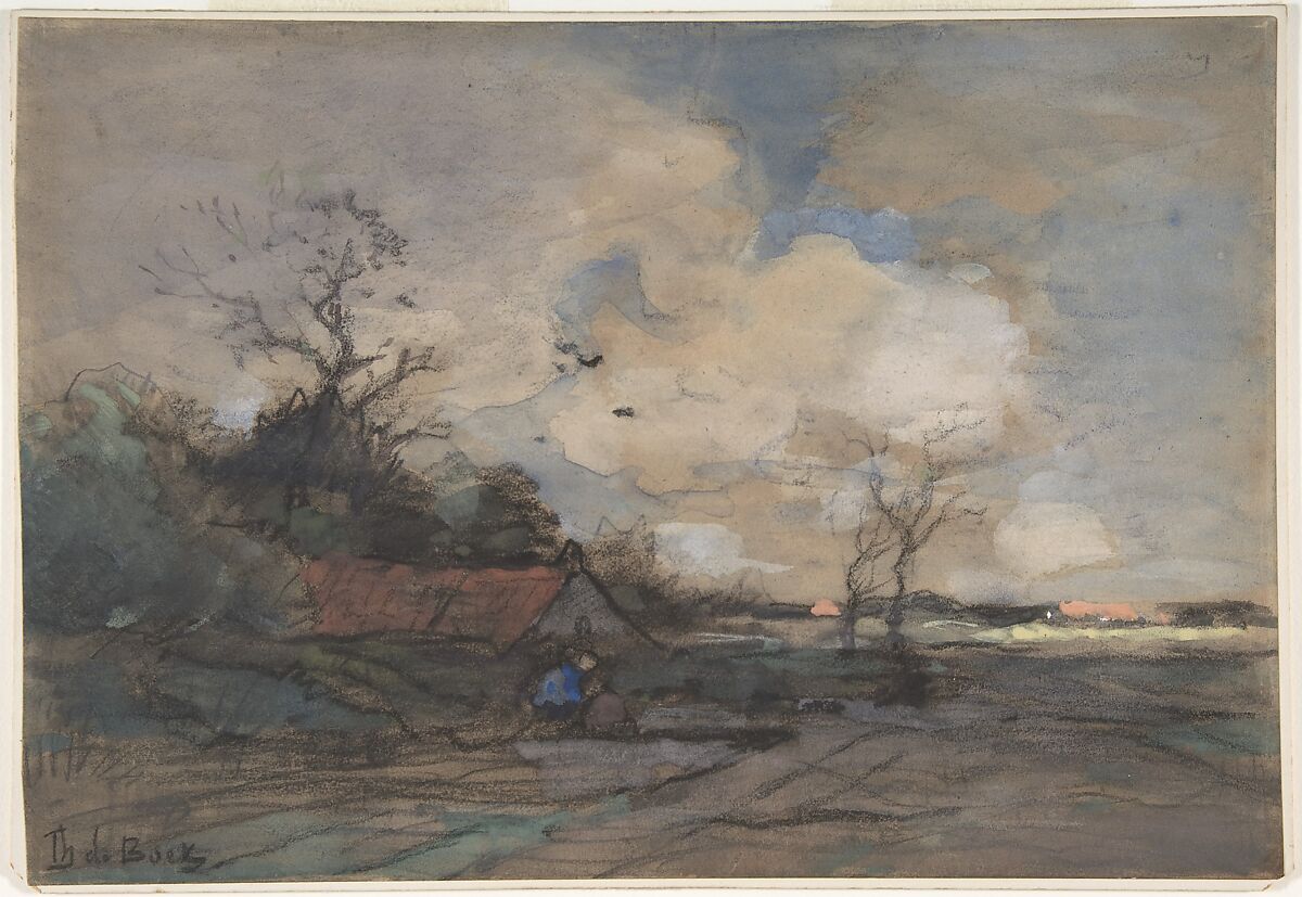 Landscape with a Cottage, Théophile de Bock (Dutch, The Hague 1851–1904 Haarlem), Black chalk and gouache. 
