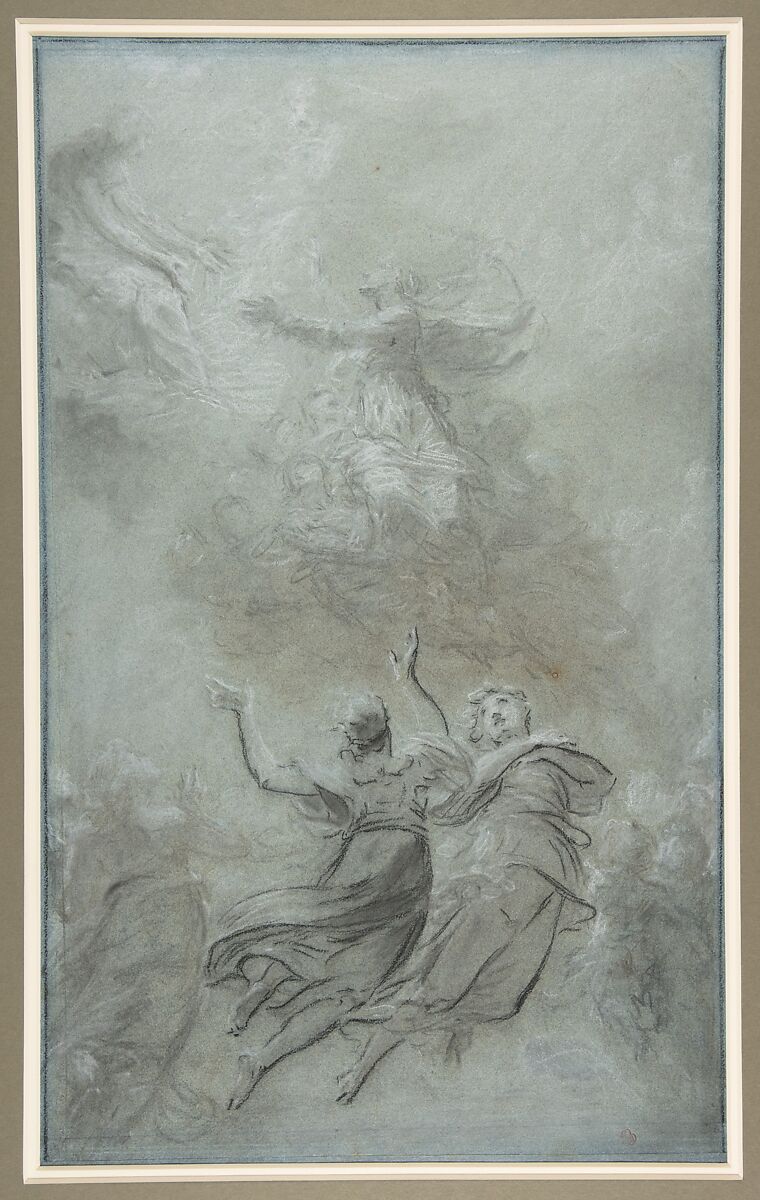 The Assumption of the Virgin, Pierre Paul Prud&#39;hon (French, Cluny 1758–1823 Paris), Black and white chalk on blue paper 