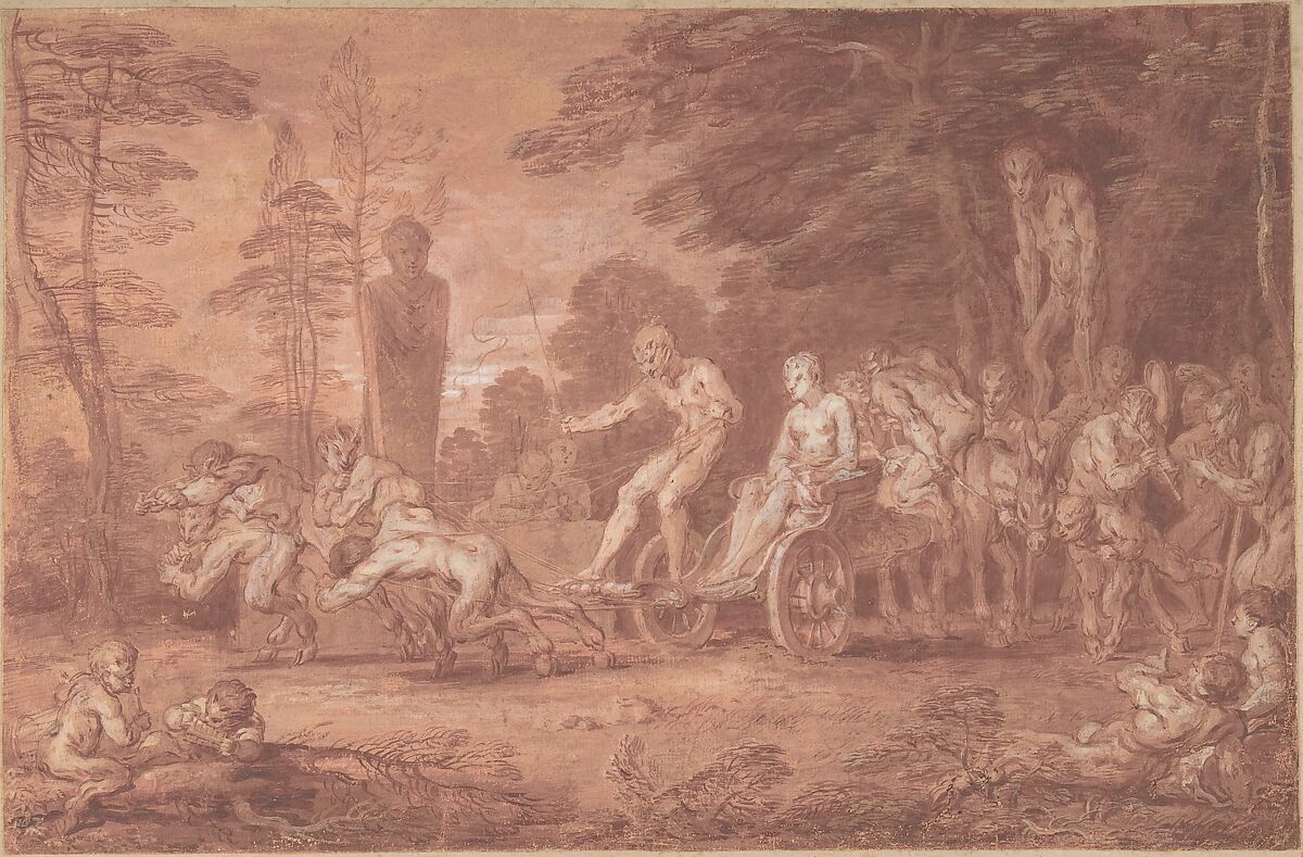 The Stalled Procession, Claude Gillot (French, Langres 1673–1722 Paris), Point of brush with gouache and red wash, over pen and black ink underdrawing, on prepared white laid paper 