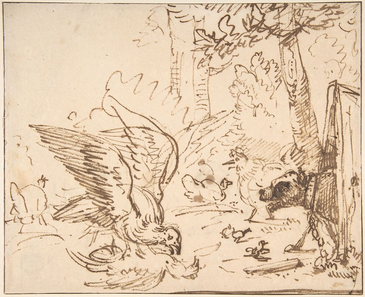 Barnyard Scene: two birds fighting (recto)
Studies of Birds(verso), Anthonie van Borssom (Dutch, Amsterdam 1630/31–1677 Amsterdam), Pen and brown ink. 