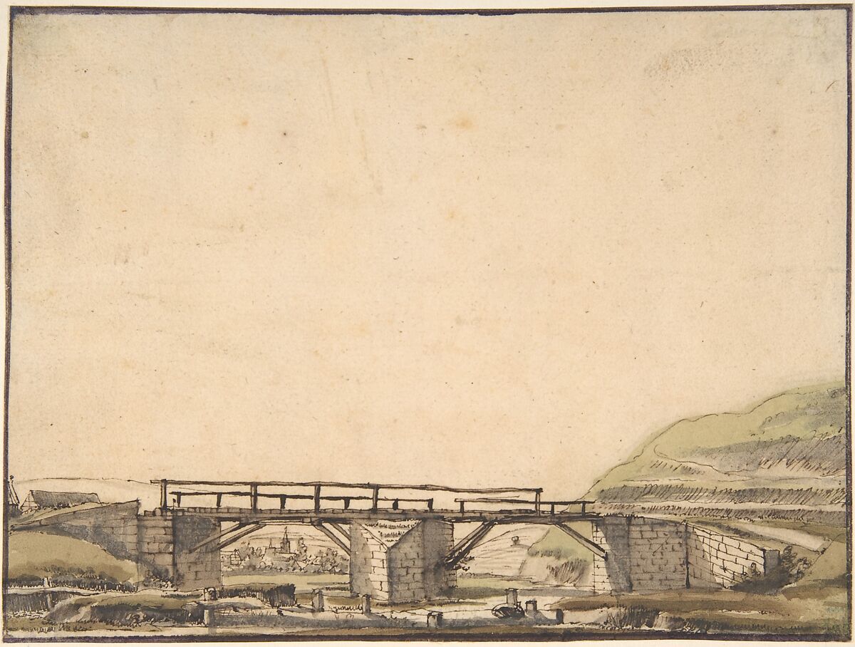Landscape with Bridge, Anthonie van Borssom (Dutch, Amsterdam 1630/31–1677 Amsterdam), Pen and brown ink, brush and pale green and brown wash; framing lines in pen and brown ink 
