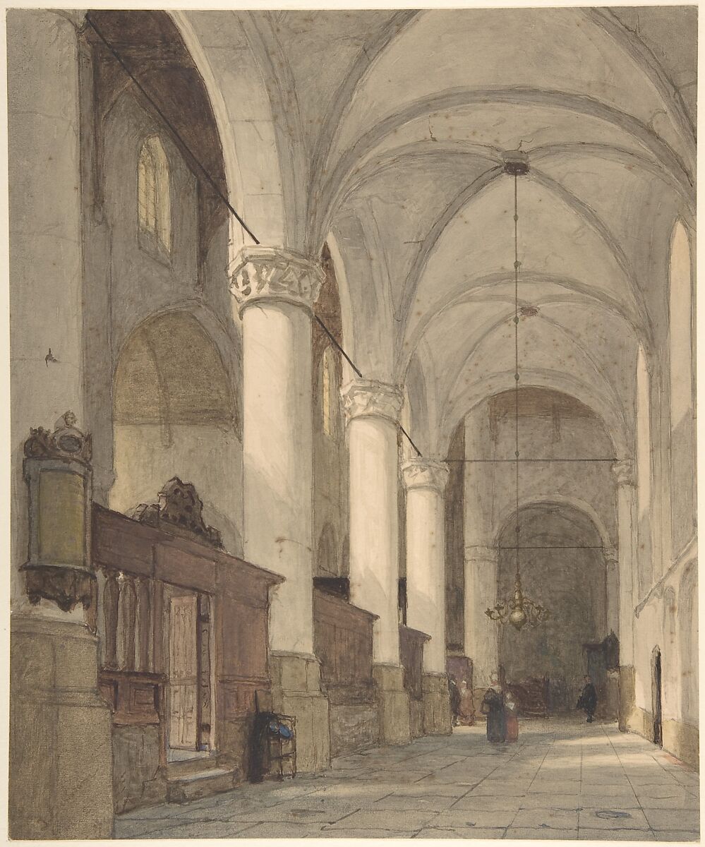 Vaulted Side Aisle of a Church, with Figures, Johannes Bosboom (Dutch, The Hague 1817–1891 The Hague), Pen and brush, gray and brown ink and watercolor. 