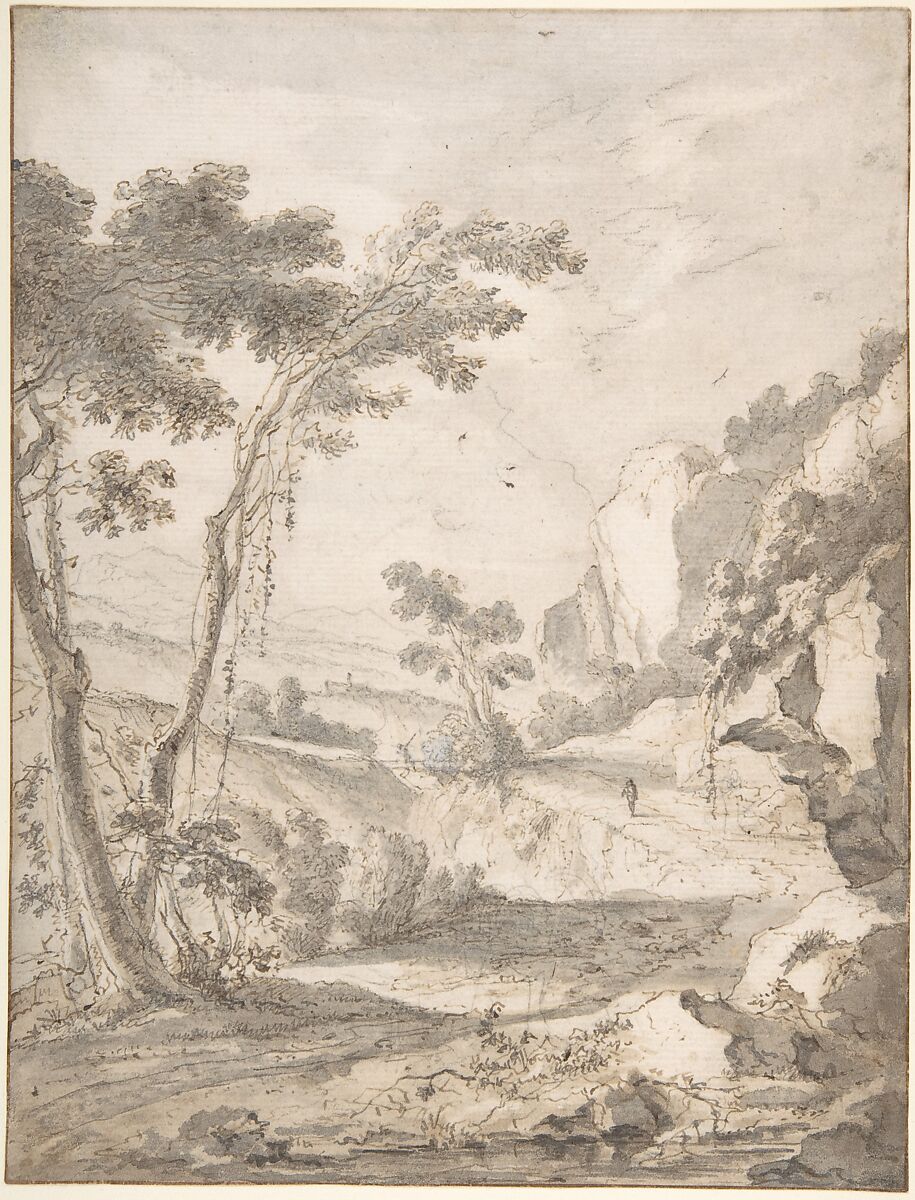 Rocky Landscape, Attributed to Jan Both (Dutch, Utrecht ca. 1618–1652 Utrecht), Pen and brown ink, gray wash, over traces of black chalk, heightened with white. Framing line in pen and brown ink. 