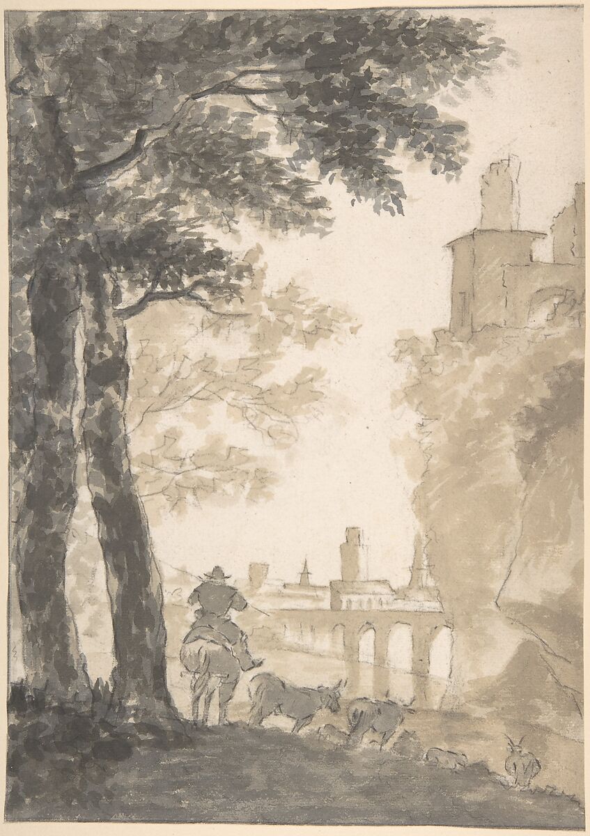 Landscape with a Mounted Herdsman and Cows, a City in the Background, Attributed to Jan Both (Dutch, Utrecht ca. 1618–1652 Utrecht), Brush and brown and gray wash, over black chalk. 