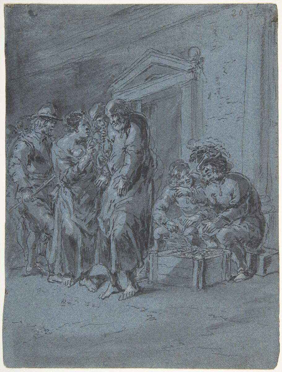 St. Peter Recognized by a Servant Girl, Leonaert Bramer (Dutch, Delft 1596–1674 Delft), Brush and gray ink, gray wash, heightened with white, on blue paper 