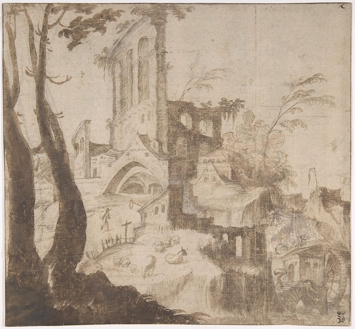 Imaginary Hilly Landscape with Ruins, Anonymous, Netherlandish, 16th century, Brush and brown wash over traces of black chalk, heightened with white 