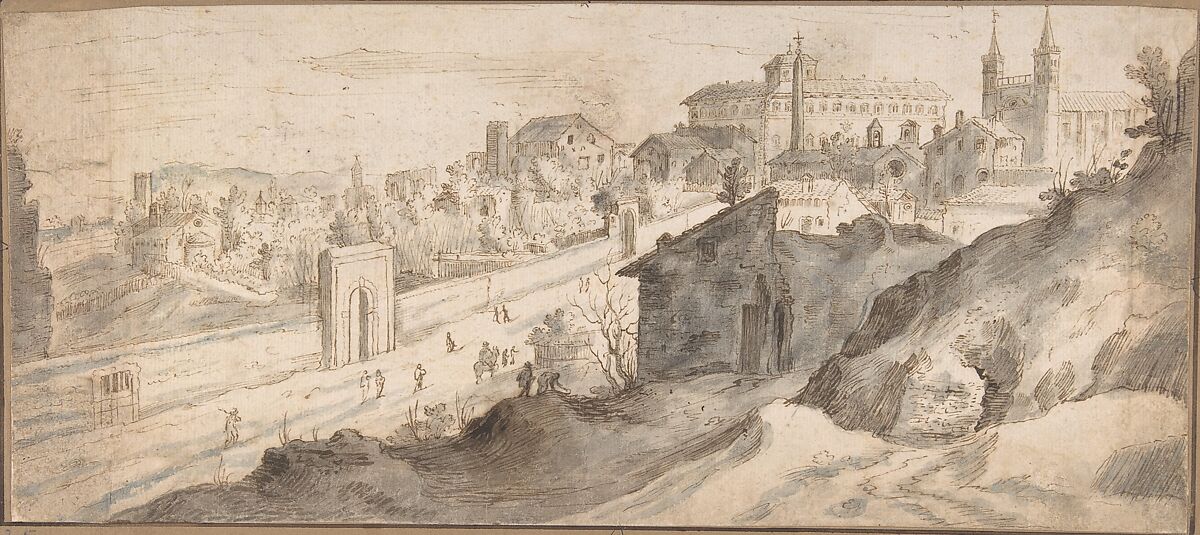 View of St. John Lateran, Rome, follower of Gillis van Coninxloo (Netherlandish, Antwerp 1544–1607 Amsterdam), Pen and brown ink, brown and blue washes 