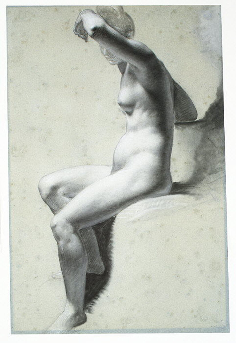 Seated Female Nude (recto); Standing Male Nude (verso), Pierre Paul Prud'hon (French, Cluny 1758–1823 Paris), Black and white chalk, stumped, on blue paper