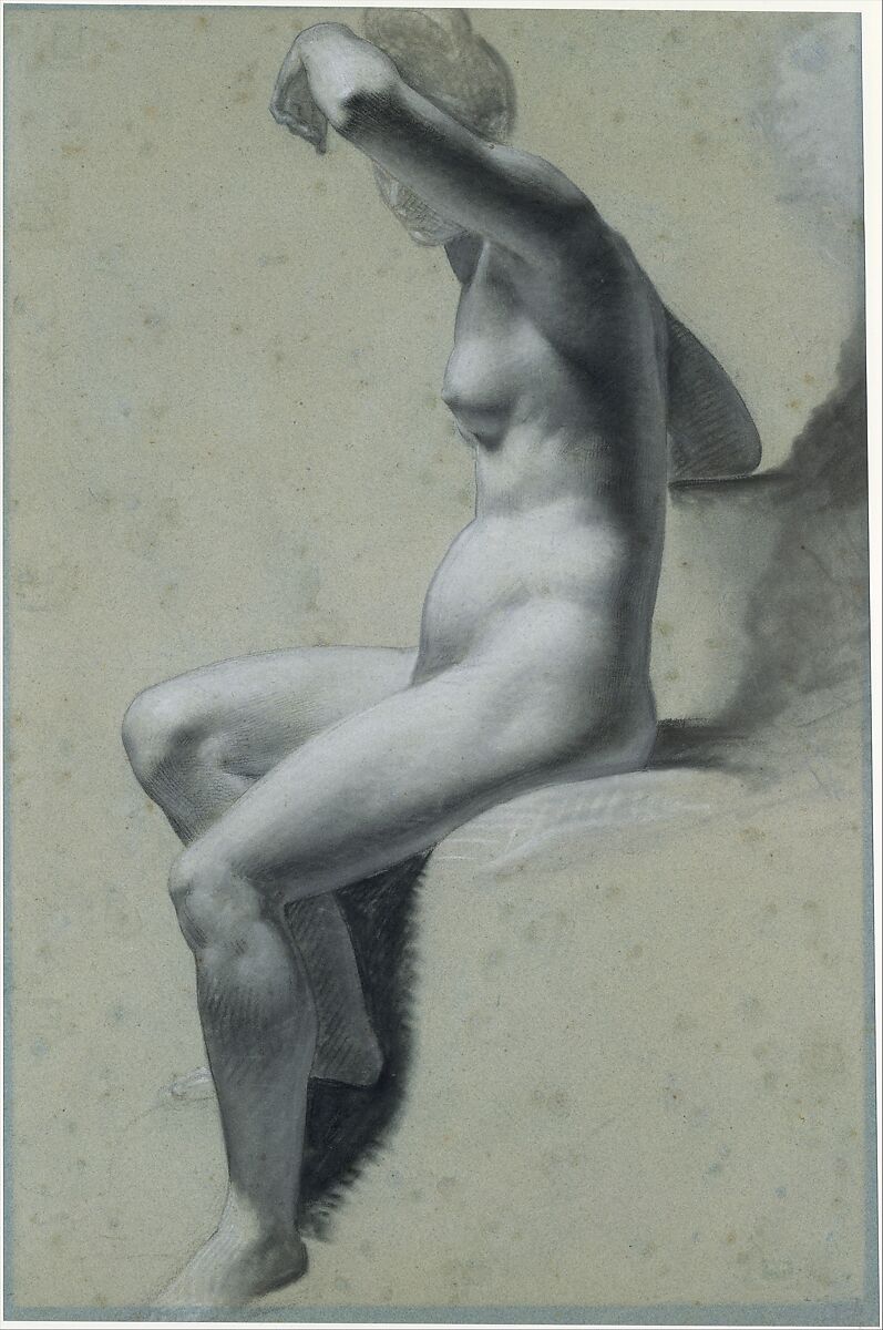 Seated Female Nude (recto); Standing Male Nude (verso), Pierre Paul Prud'hon (French, Cluny 1758–1823 Paris), Black and white chalk, stumped, on blue paper