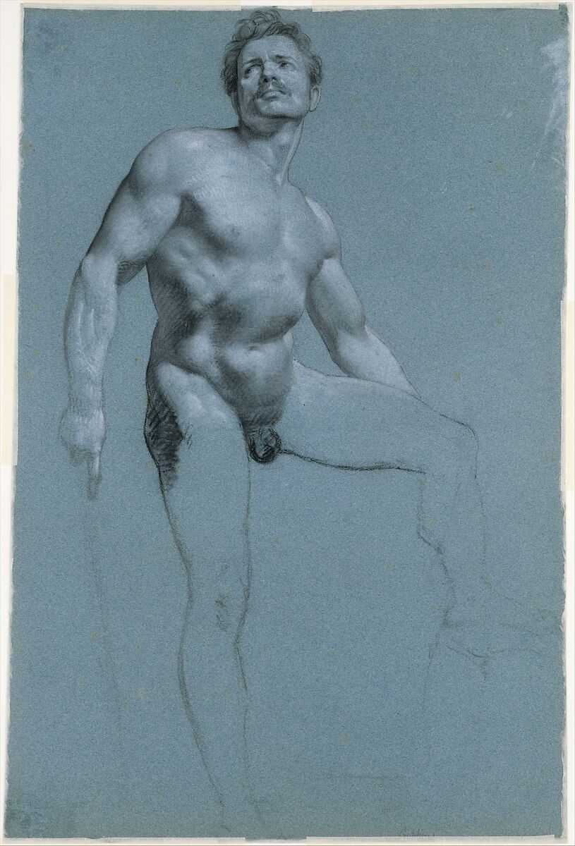 Seated Female Nude (recto); Standing Male Nude (verso), Pierre Paul Prud&#39;hon (French, Cluny 1758–1823 Paris), Black and white chalk, stumped, on blue paper 