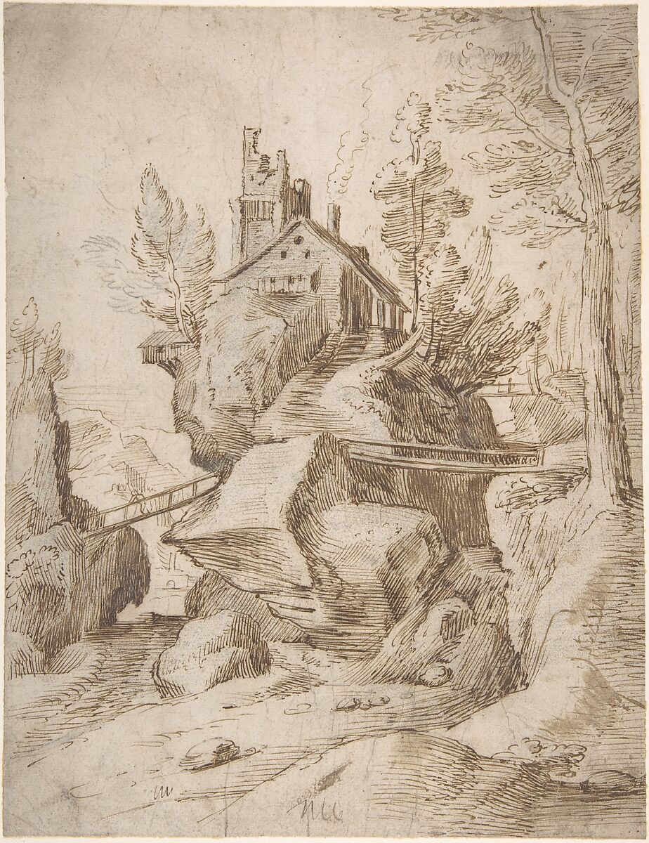 Fantastic Rocky Landscape with a Farmhouse and Three Foot Bridges, Anonymous, Netherlandish, 16th century, Pen and brown ink, with some brown wash, over black chalk 