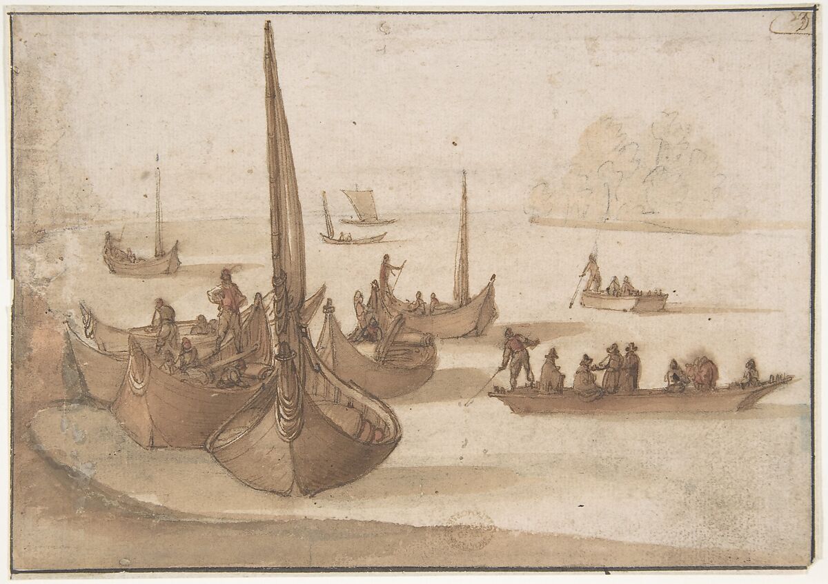 River Scene, Circle of Jan Brueghel the Elder (Netherlandish, Brussels 1568–1625 Antwerp), Pen and brown ink, brown, and red wash, over black chalk; framing lines in brown ink 