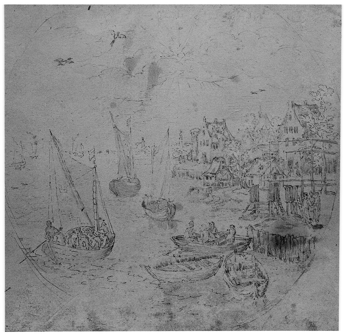 Boats and Houses, In the manner of Jan Brueghel the Elder (Netherlandish, Brussels 1568–1625 Antwerp), Pen and brown ink, brown wash (faded gray); circular framing lines lightly sketched in pen and brown ink