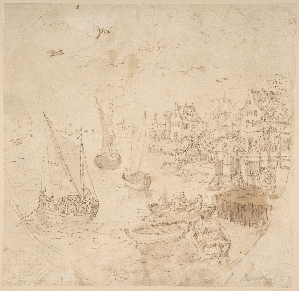 Boats and Houses, In the manner of Jan Brueghel the Elder (Netherlandish, Brussels 1568–1625 Antwerp), Pen and brown ink, brown wash (faded gray); circular framing lines lightly sketched in pen and brown ink 