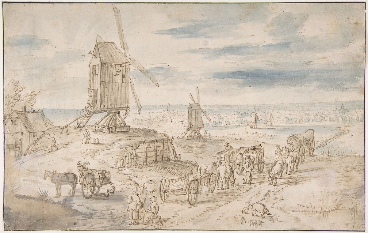 Dutch Landscape with Windmills, After Jan Brueghel the Elder (Netherlandish, Brussels 1568–1625 Antwerp) (?), Pen and brown ink, brush and brown, blue, and gray wash; framing lines in black ink 