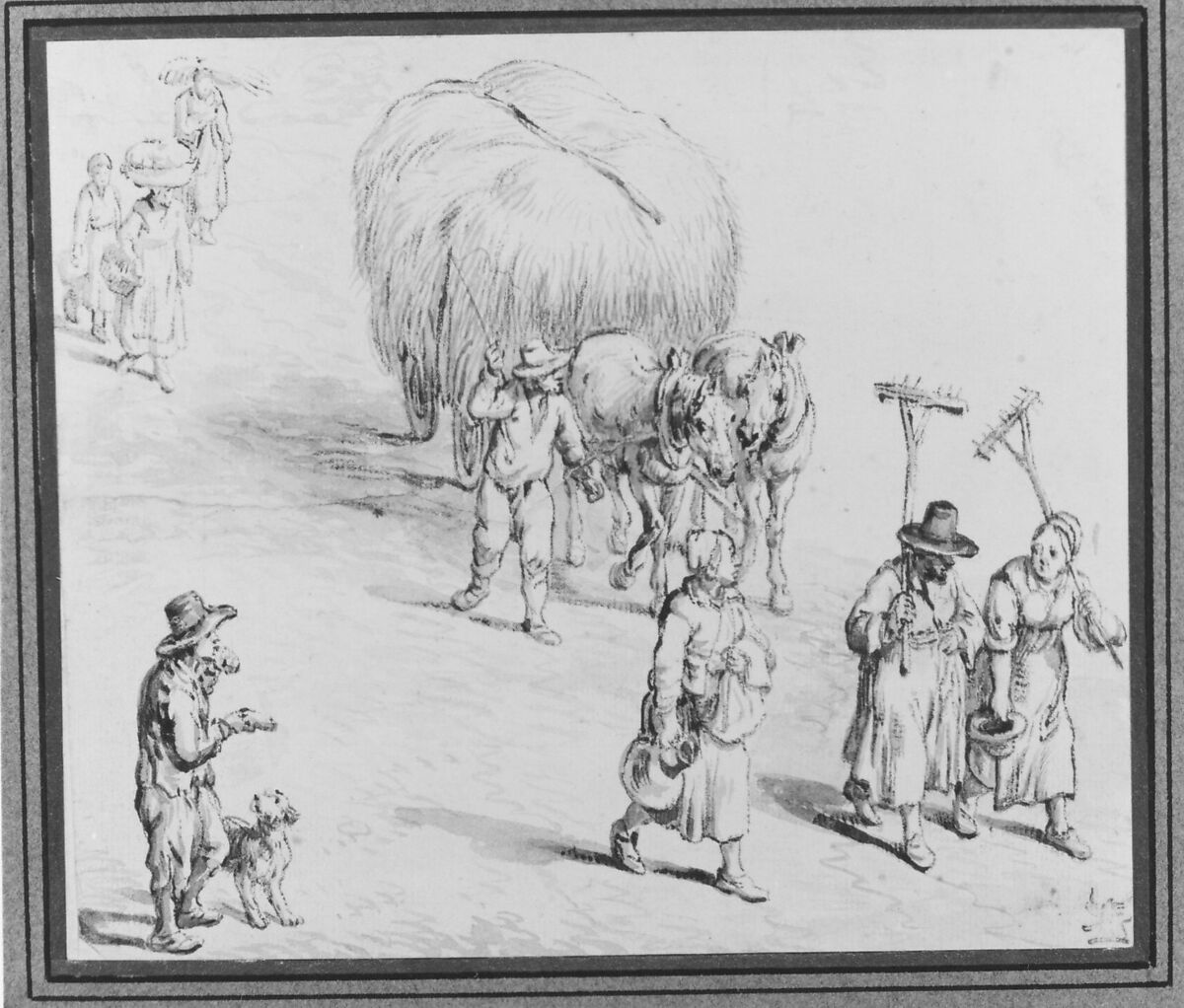 Peasants and Hay Wagon on a Country Road, Circle of Jan Brueghel the Elder (Netherlandish, Brussels 1568–1625 Antwerp), Pen and brown ink, gray wash