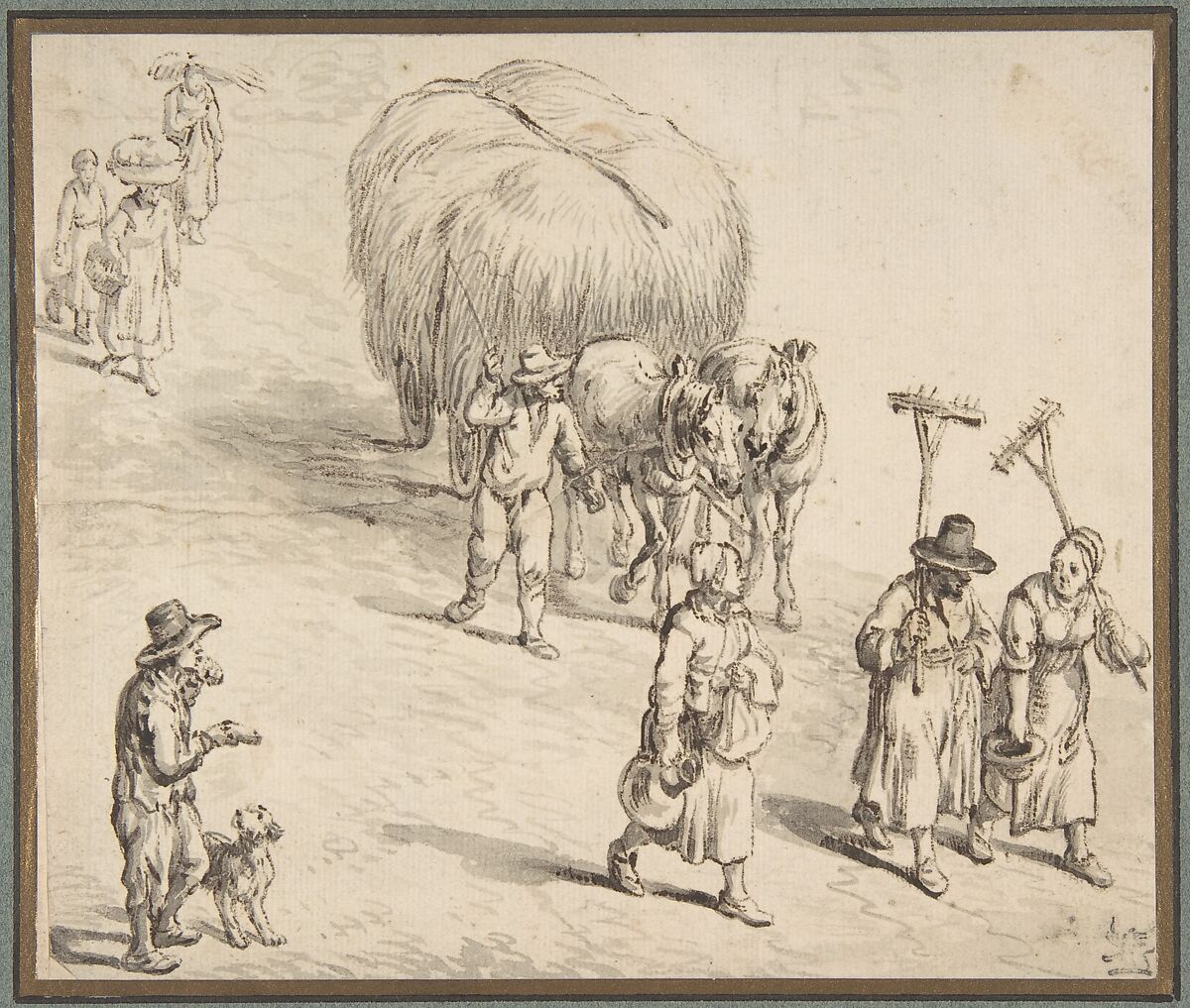 Peasants and Hay Wagon on a Country Road, Circle of Jan Brueghel the Elder (Netherlandish, Brussels 1568–1625 Antwerp), Pen and brown ink, gray wash 