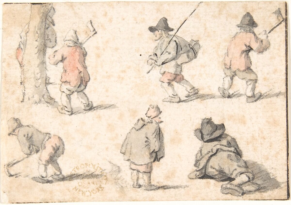 Studies of Peasants, Attributed to Herman Saftleven II (Dutch, Rotterdam 1609–1685 Utrecht), Black chalk, brush and gray and pink wash. Framing lines in pen and brown ink at top, right, and bottom margins. 