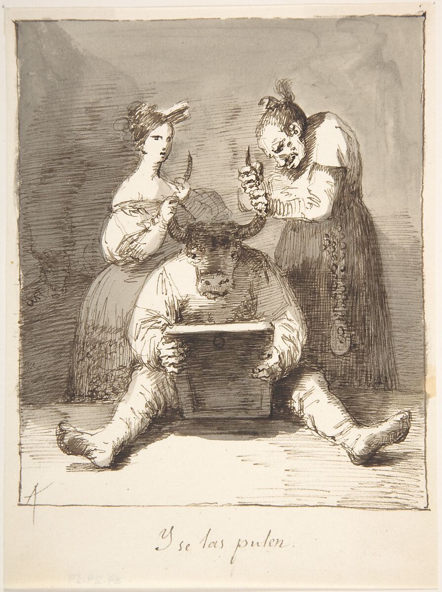 They are Polishing Him Up ("Y se las pulen"), Leonardo Alenza y Nieto (Spanish, Madrid 1807–1845 Madrid), Pen and dark brown ink with brush and gray-brown wash on off-white paper. Composition outlined with pen and dark brown ink on all sides.  Traces of black chalk underscript under inscription 