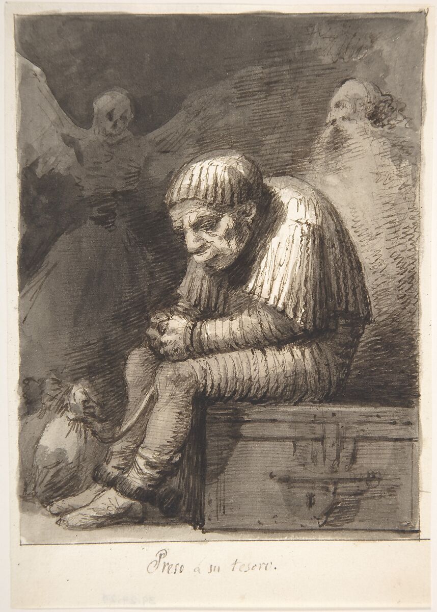 Shackled to His Treasure ("Preso á su tesoro"), Leonardo Alenza y Nieto (Spanish, Madrid 1807–1845 Madrid), Pen and dark brown ink with brush and brown-gray wash. Composition outlined with pen and dark brown ink on all sides. On off-white paper 