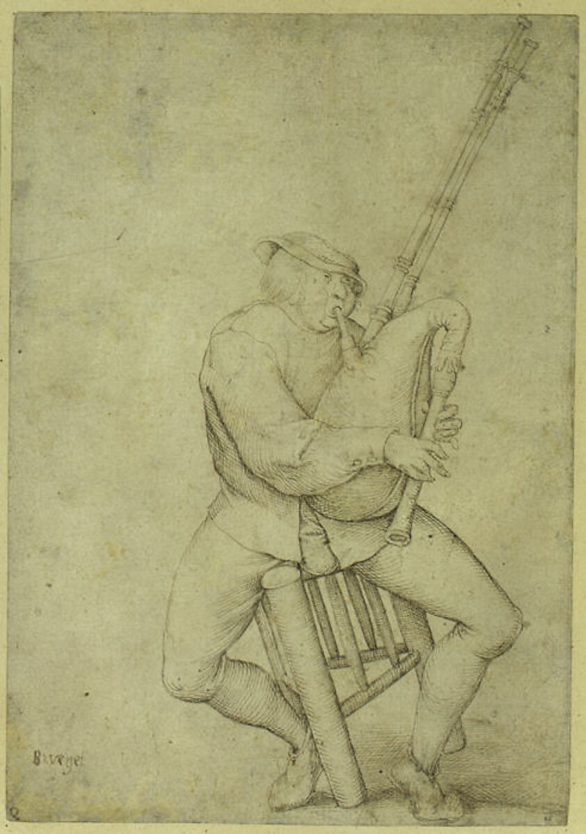 Seated Man, Precariously Balanced, Playing Bagpipes, Anonymous, Netherlandish, 16th century, Pen and brown ink