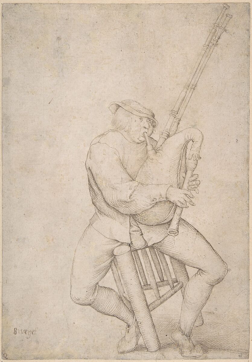 Seated Man, Precariously Balanced, Playing Bagpipes, Anonymous, Netherlandish, 16th century, Pen and brown ink 