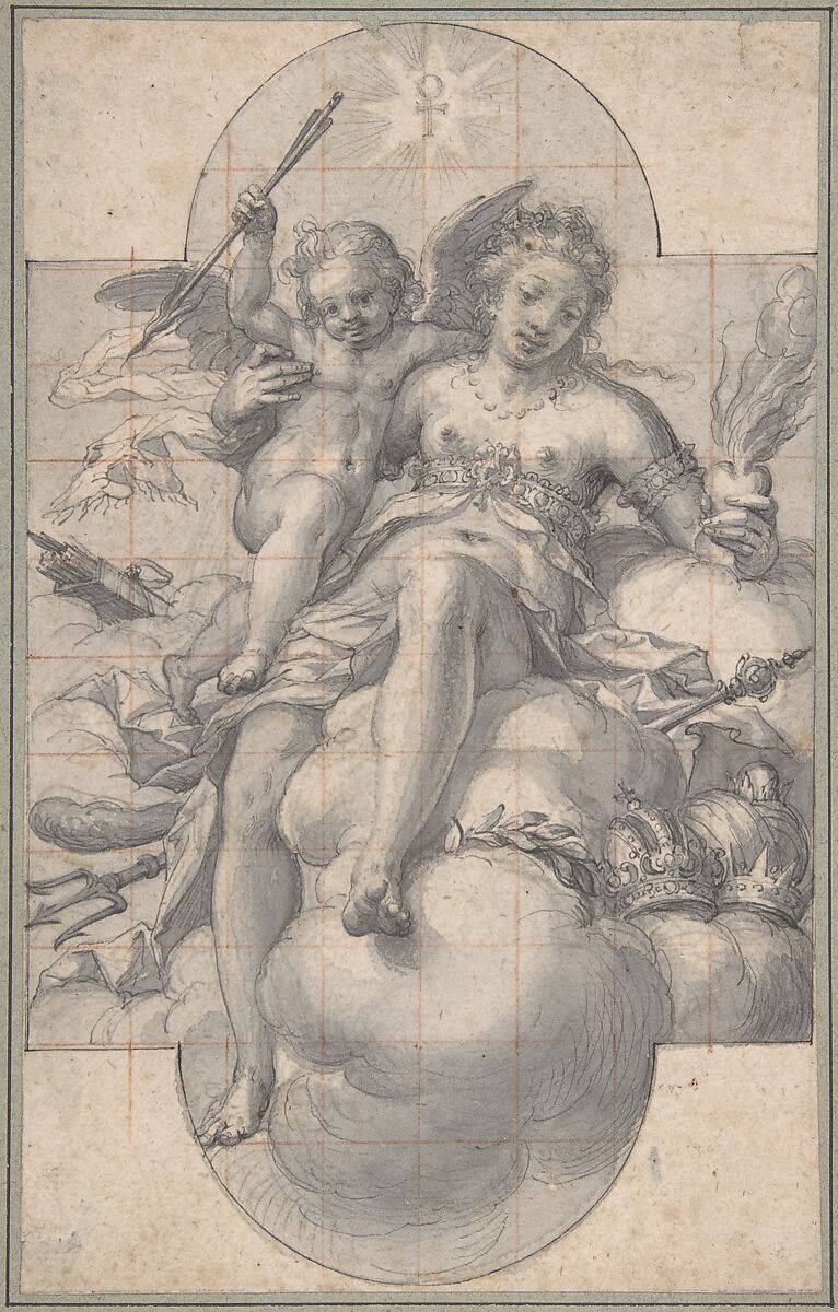 Venus Triumphant, Hans Werl (German, Munich ca. 1570–1608 Munich), Pen and black ink, gray wash, squared red chalk 
